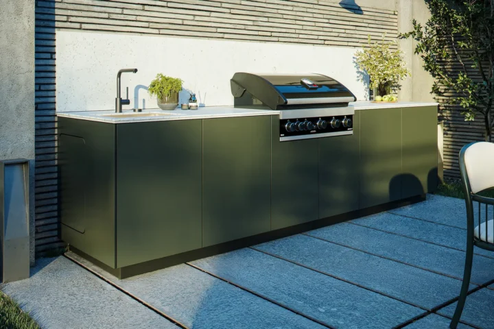 Fitted outdoor kitchen in green
