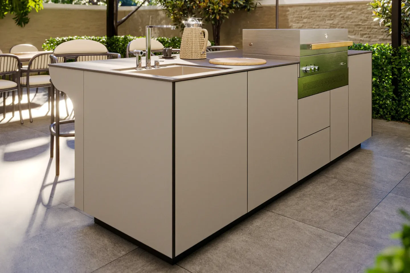 Freestanding outdoor kitchen in taupe