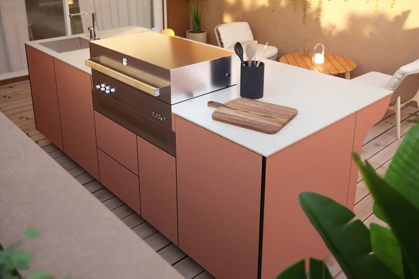 Freestanding outdoor kitchen in terracotta