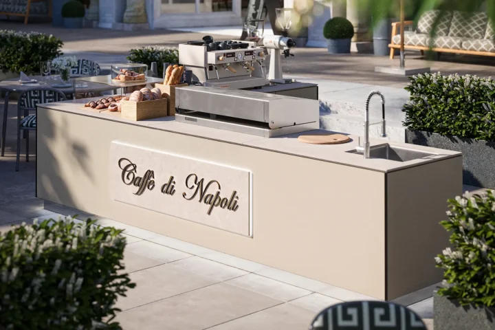 L-shaped outdoor kitchen in creme